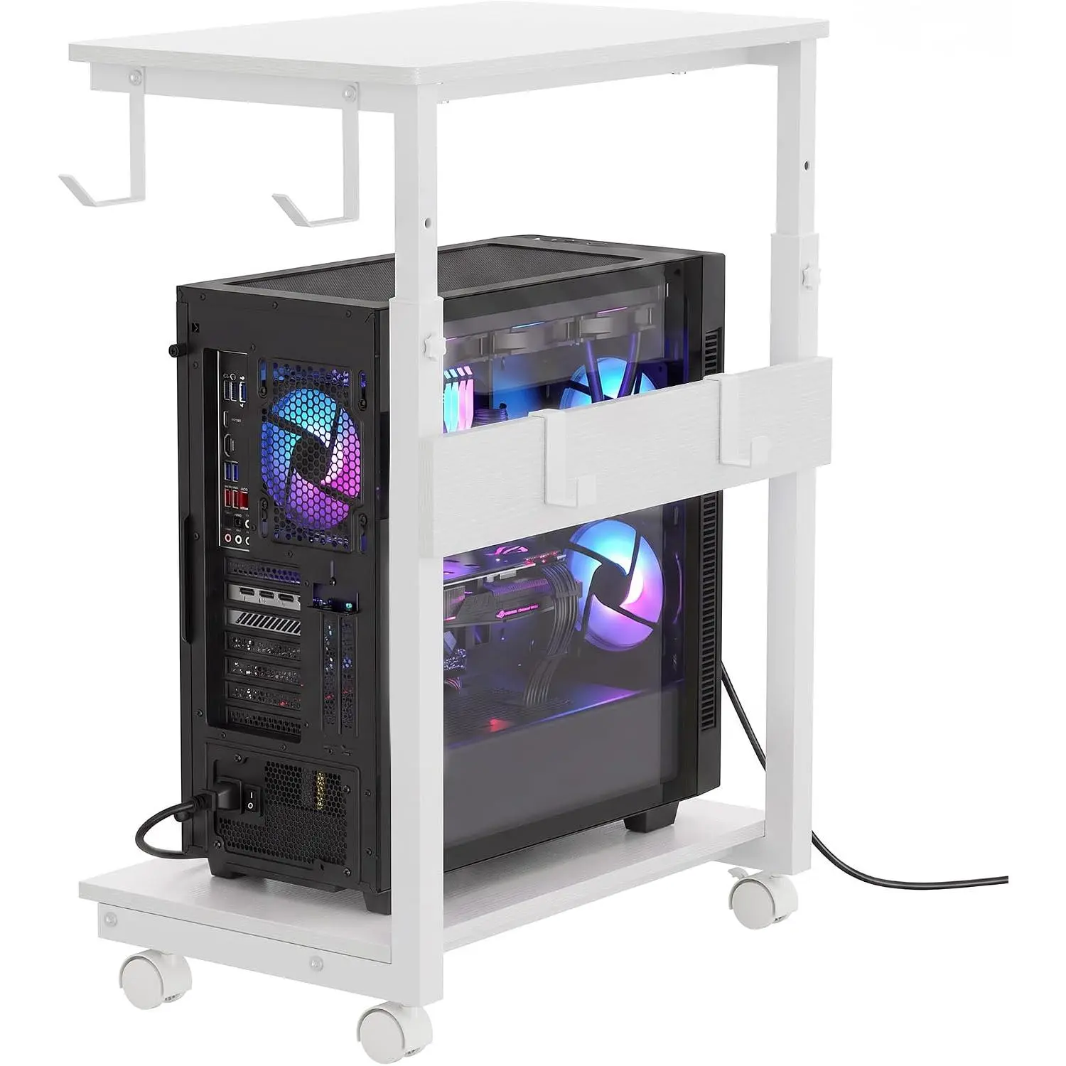 4 Locking Wheels Computer Tower Stand, White, Adjustable 2-Tier Steel PC Cart for Desk, Gaming & Small Spaces