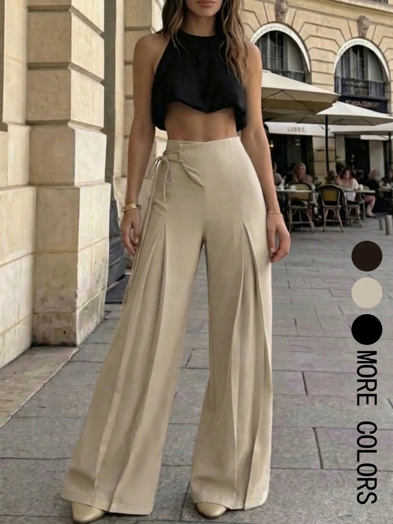Women's Elegant Chic High-Waist Tie-Back Wide-Leg Pants, Casual Summer Long Pants, Loose Fit, Retro Style, Ankle Length, Plain Pattern