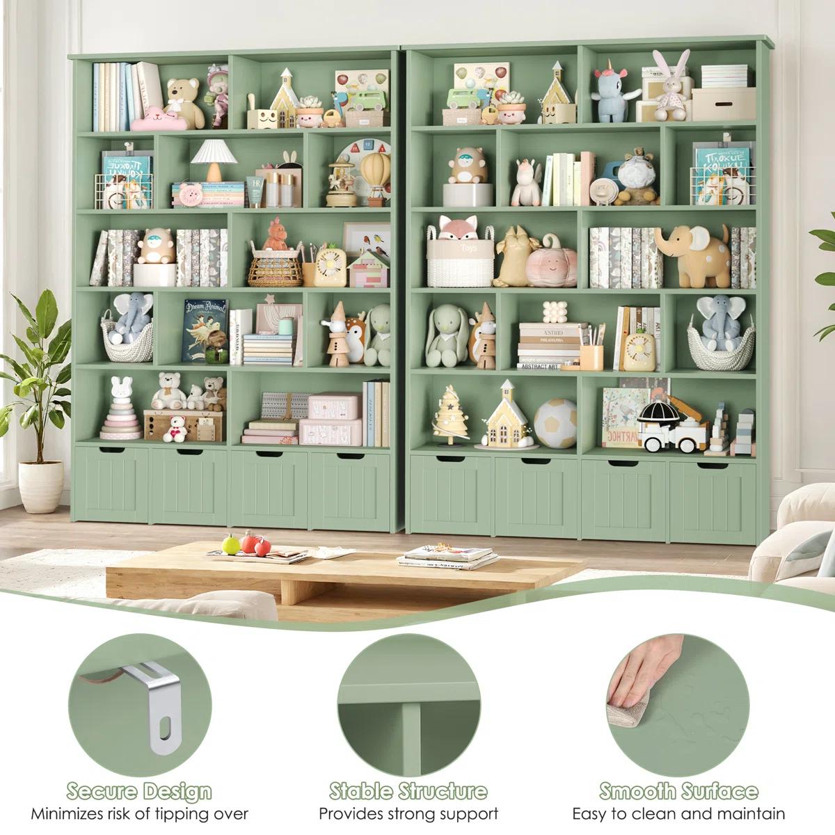 FOTOSOK Bookshelf and Bookcase with 4 Movable Drawers, Toy Organizer with Hidden Wheels and 12 Open Cubbies, Tall Bookshelf Large Open Book Shelf Standing Book Case for Home Office