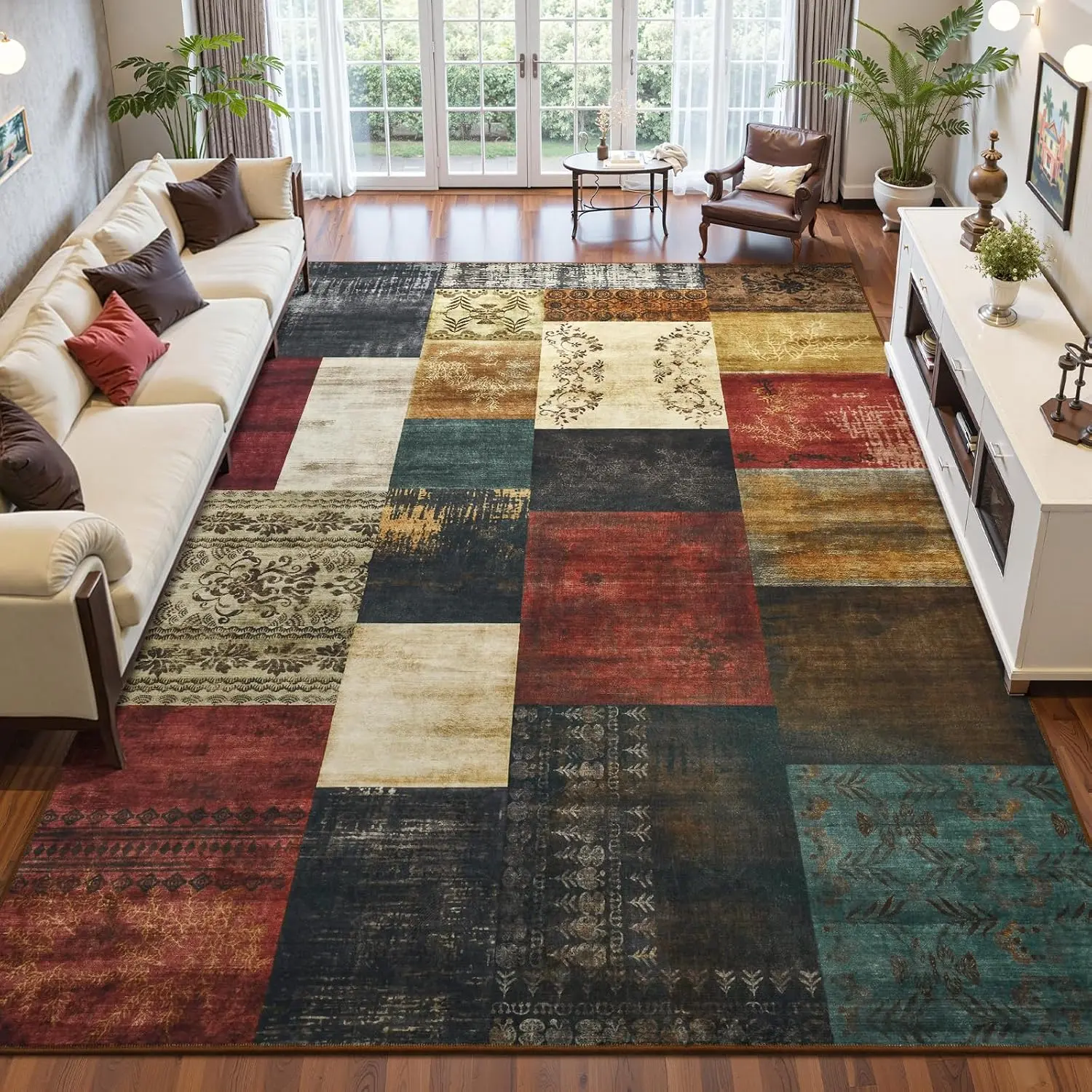 Washable Area Rugs 4x6 for Living Room, Geometric Colorful Soft Patchwork Carpet, Non-Slip Stain Resistant Throw Rug for Bedroom Dining Room Office Home Decor