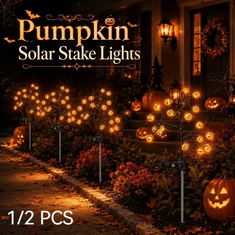 Solar Pumpkin Post Light, 20 Head Halloween Garden Lights, Waterproof Solar Lamp, 8 Modes Auto Switch, Outdoor Courtyard Decor, 2/4 Pack