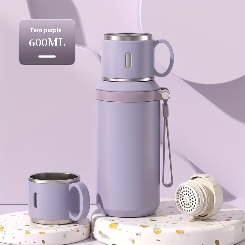 Stainless Steel Insulated Water Bottle 600ml/1L with Rope, Dual-Function Coffee Cup, Portable Outdoor Vacuum Insulated Flask for Camping, Cycling, Home & Office
