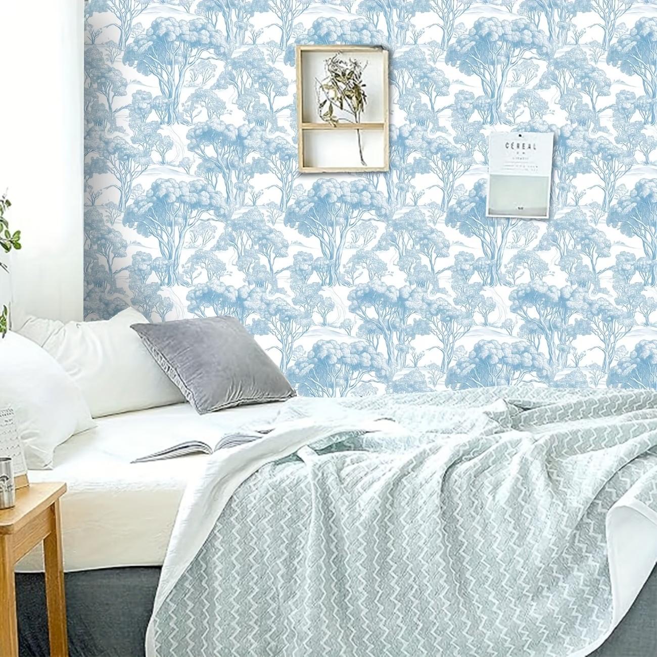 Light Blue Toile Peel and Stick Wallpaper, Renter Friendly Removable Floral Wallpaper, Mould-Proof for Living Room, Wedding Season Gift