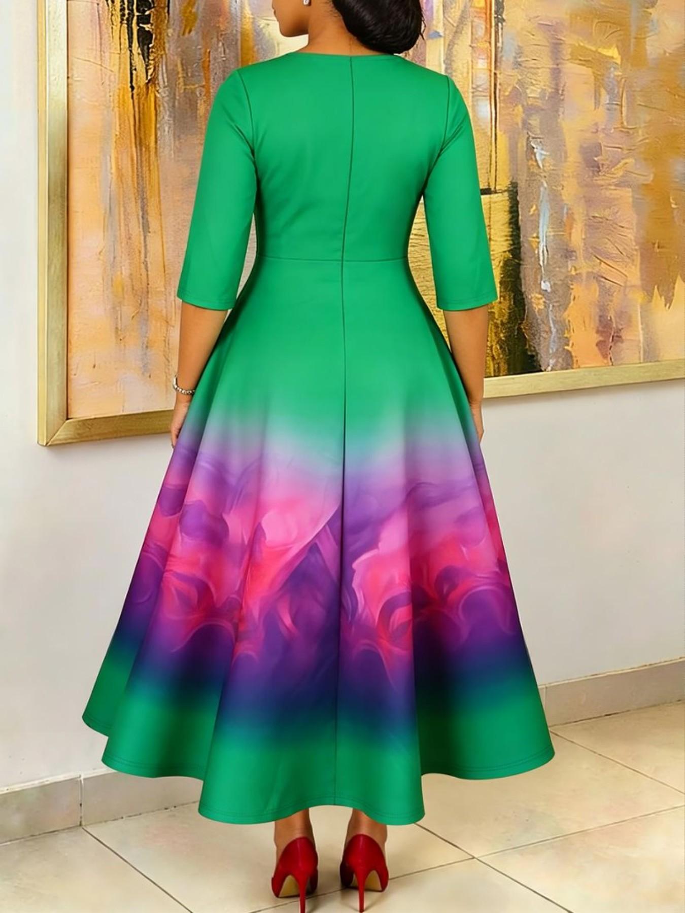 Women's Summer Fashion Elegant Classy Flattering Gradient Long Dress, Slim-Fitting Half Sleeve Print Dress, Perfect for Evening Parties and Events