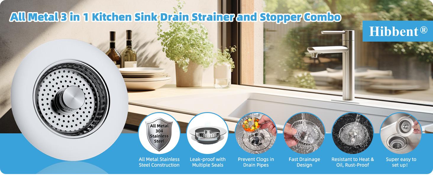 Hibbent All Metal Kitchen Sink Strainer Stopper Combo - Stainless 3-in-1 Pop Up Sink Drain Strainer with Handle Rod for US Standard 3-1/2 inch Drain Filter, Anti-Clog Hibbent All Metal Kitchen Sink Strainer Stopper Combo - Stainless 3-in-1 Pop Up Sink Drain Strainer with Handle Rod for US Standard 3-1/2 inch Drain Filter, Anti-Clog