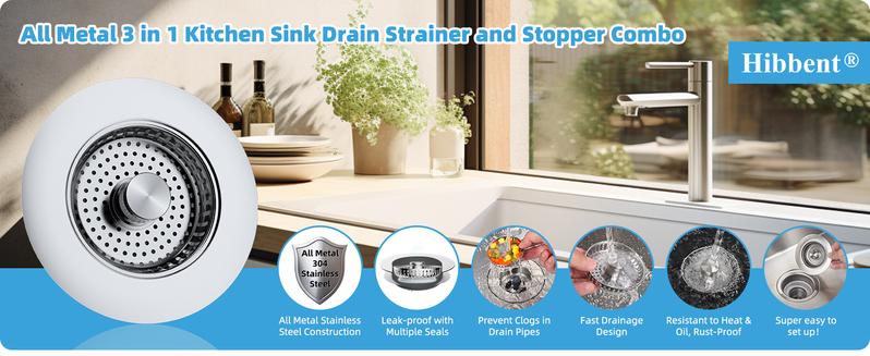 Hibbent All Metal Kitchen Sink Strainer Stopper Combo - Stainless 3-in-1 Pop Up Sink Drain Strainer with Handle Rod for US Standard 3-1/2 inch Drain Filter, Anti-Clog