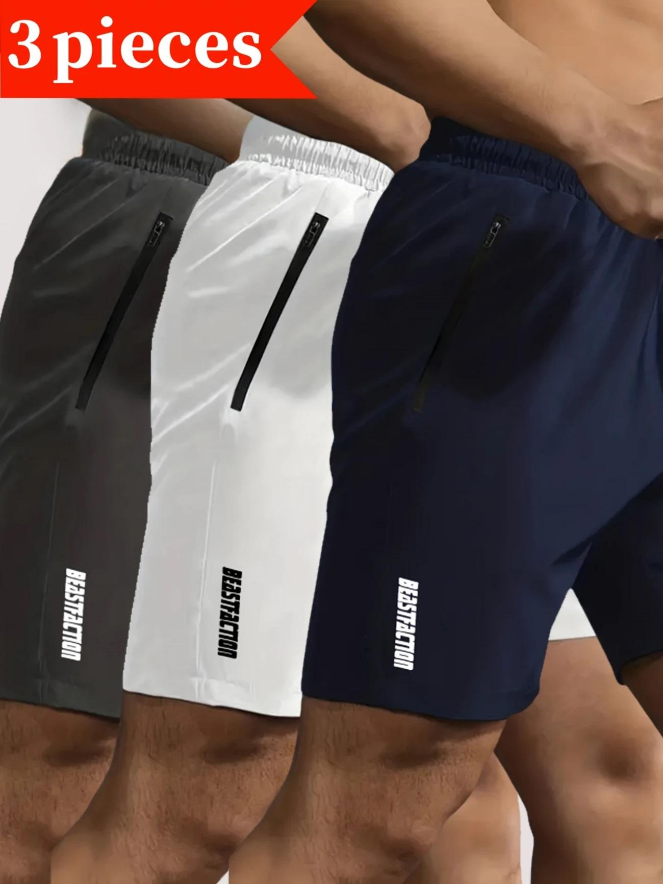 3pcs men's solid colour shorts with zip pockets and active elastic waist drawstring shorts for summer outdoor fitness leisure home