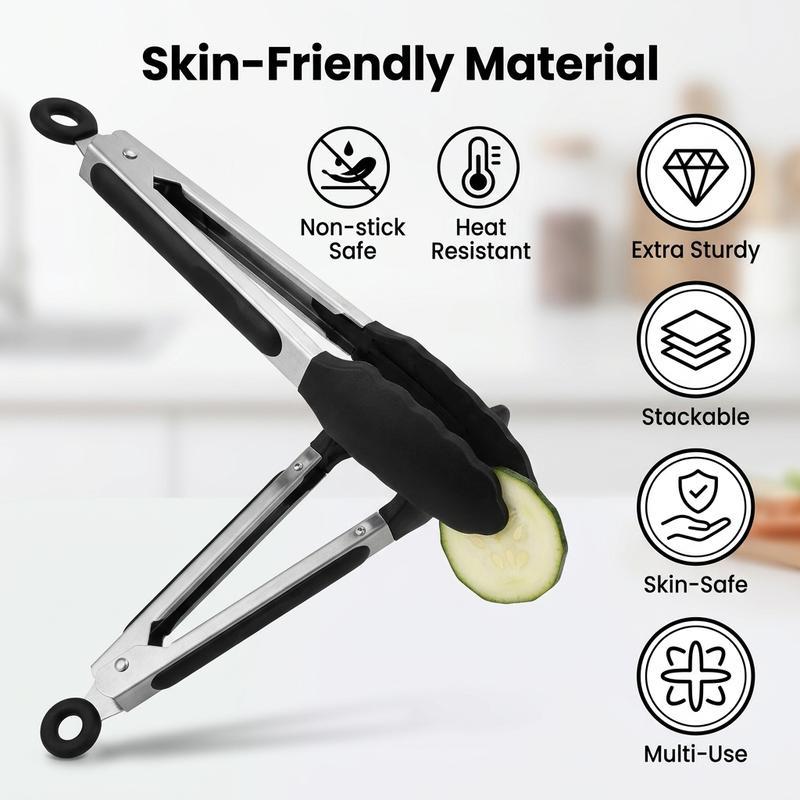 Stainless Steel Silicone Food Tongs for Kitchen, Heatproof and Non-Slip Cooking Utensils Suitable for Non-Stick Pans and Barbecue Tools