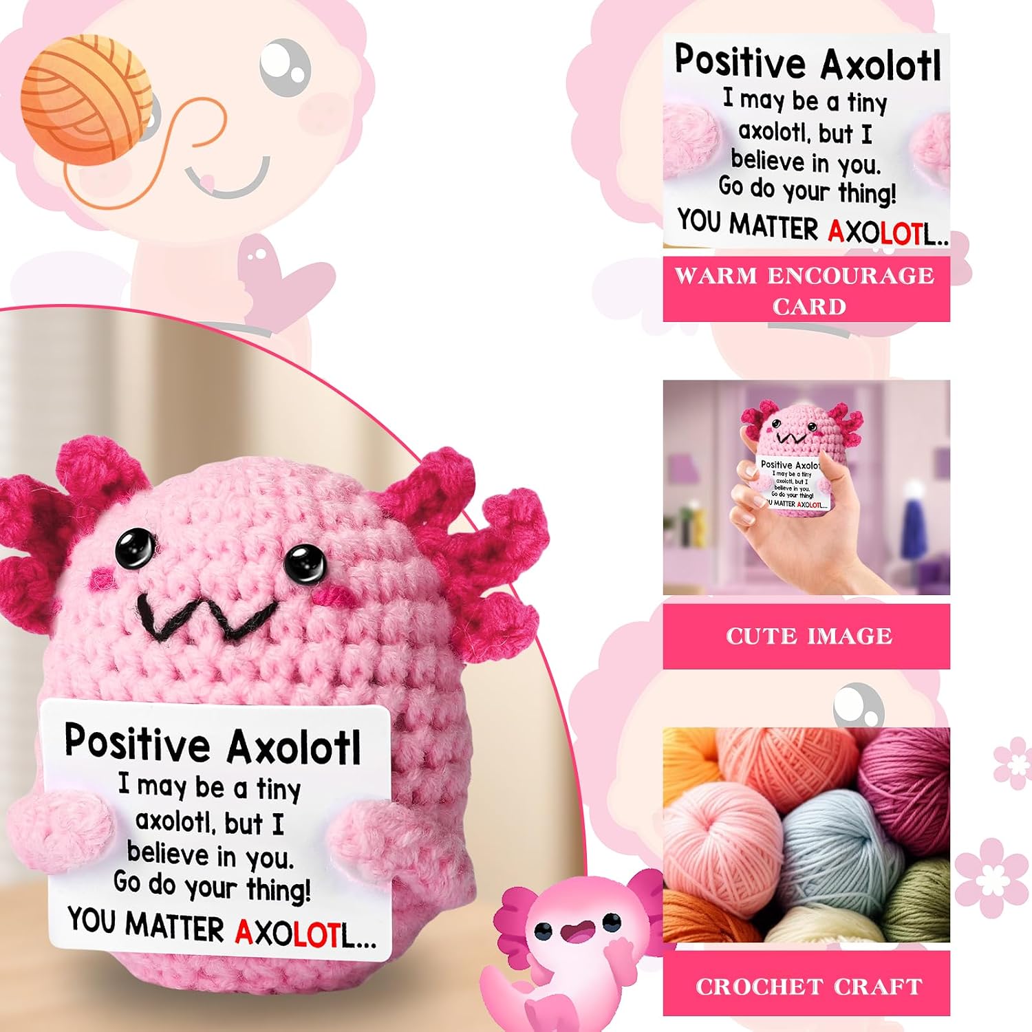 Handmade Crocheted Yarn Axolotl Shape Small Plush Toy - Emotional Gift with Support Message for Women, Ideal for Birthday Mental Health Encouragement Decor (Sports & Outdoor Trophy-Inspired Accessory)