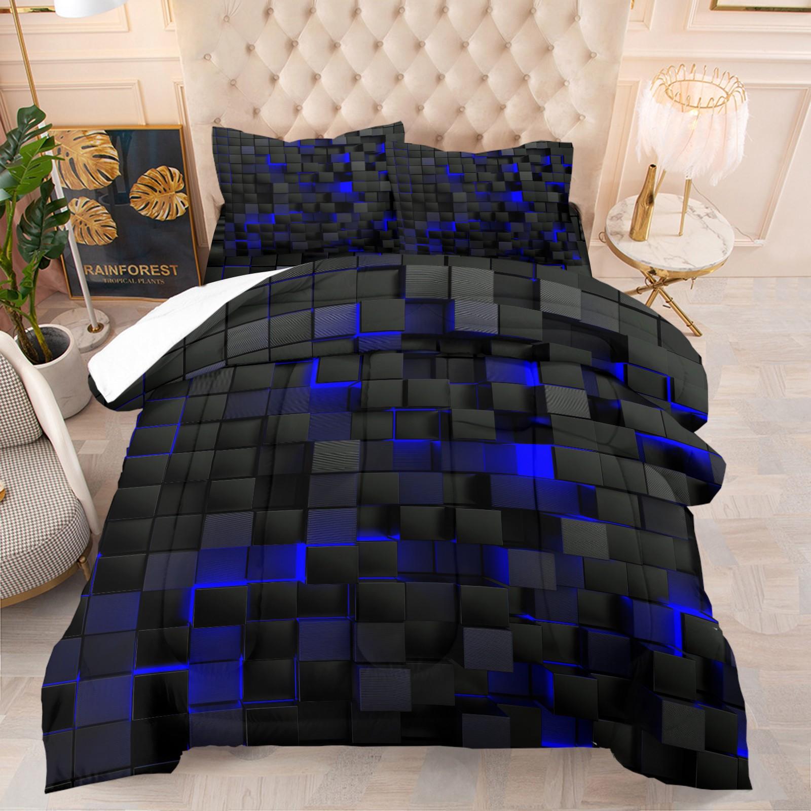 3D Blue & Black Cube Comforter Set - Durable Material Comfy Bed Sets, 1 Quilt + 1/2 Pillowcases, Modern Geometric Gaming Bedding for Teens & Gamers, Ideal for Bedrooms, Dorms & Guest Rooms