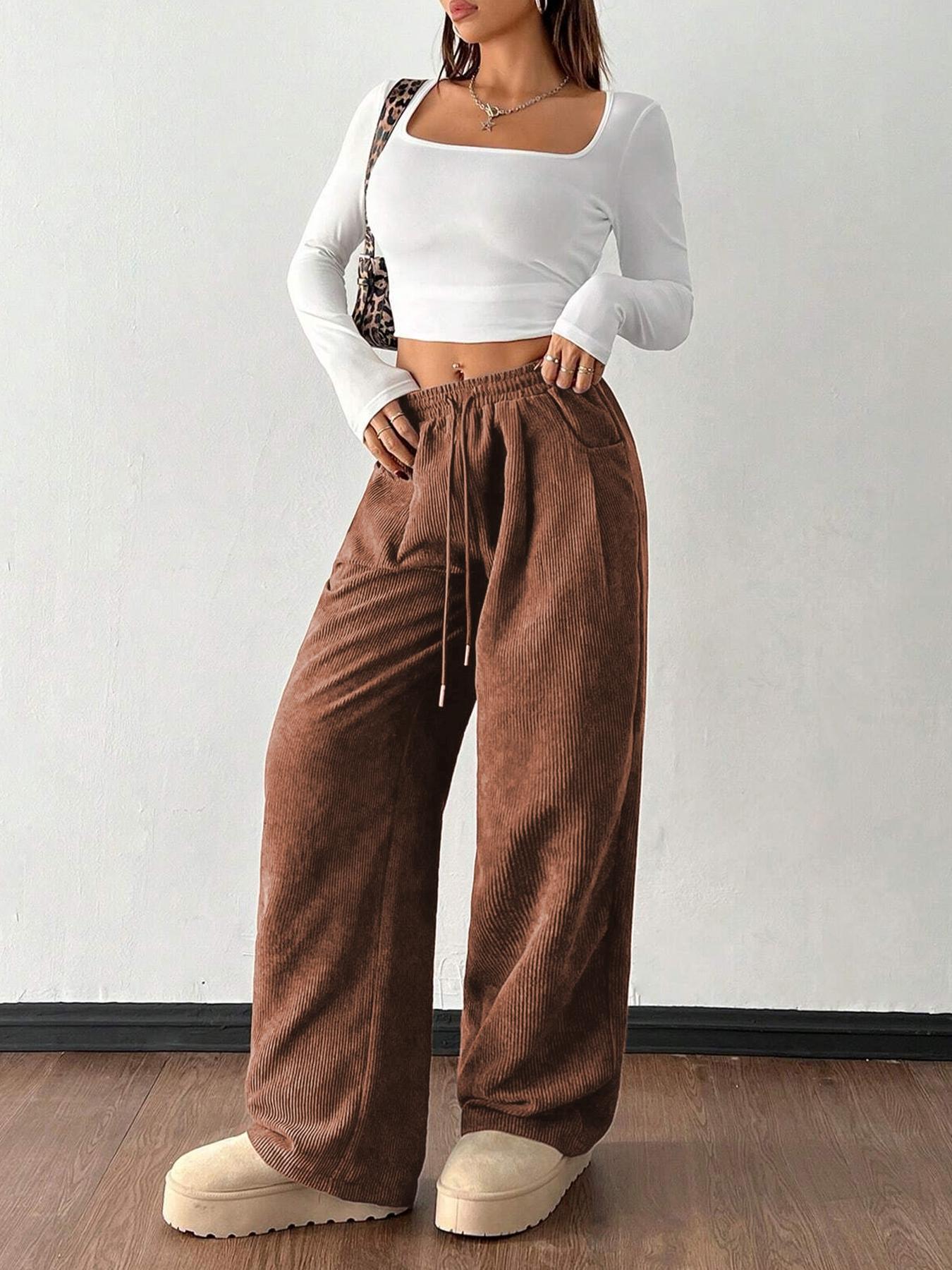 Women's Vintage Loose-Fitting Solid Corduroy Drawstring Pants, Casual All-Season Straight Leg Trousers for Autumn & Winter Valentine's Day