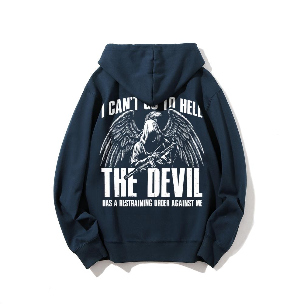 Funny Dark Humor Hoodie "I Can't Go To Hell" Quote Sweatshirt Edgy Grunge Aesthetic Gothic Skeleton Wing Graphic Hooded Top for Men Women Gift Printed Unisex Casual Hoodie