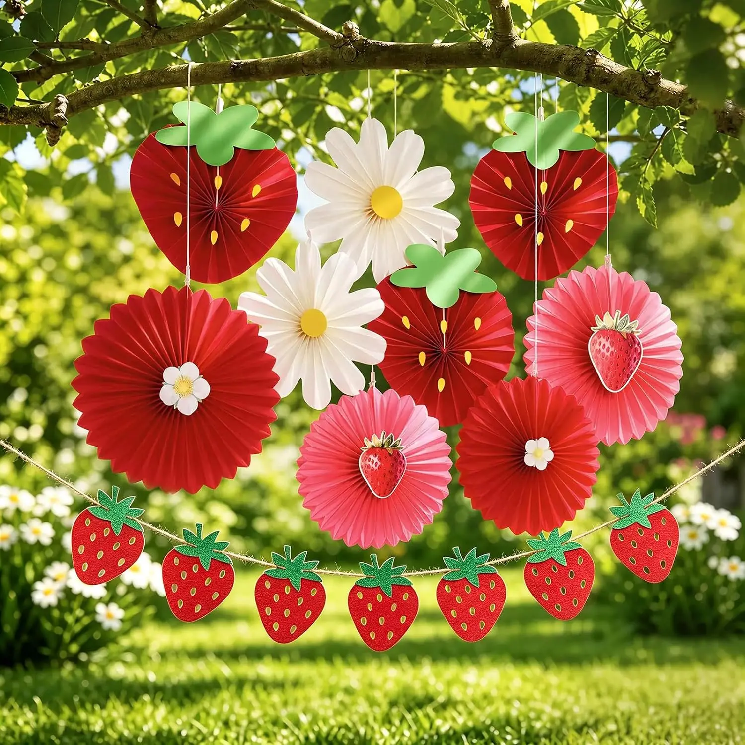 OBBOLO Strawberry Party Decorations, Strawberry and White Flower Paper Fans, with Strawberry Banner, for Berry First Birthday, Sweet 1st Birthday, Baby Shower, Strawberry Themed Birthday Hanging Decor