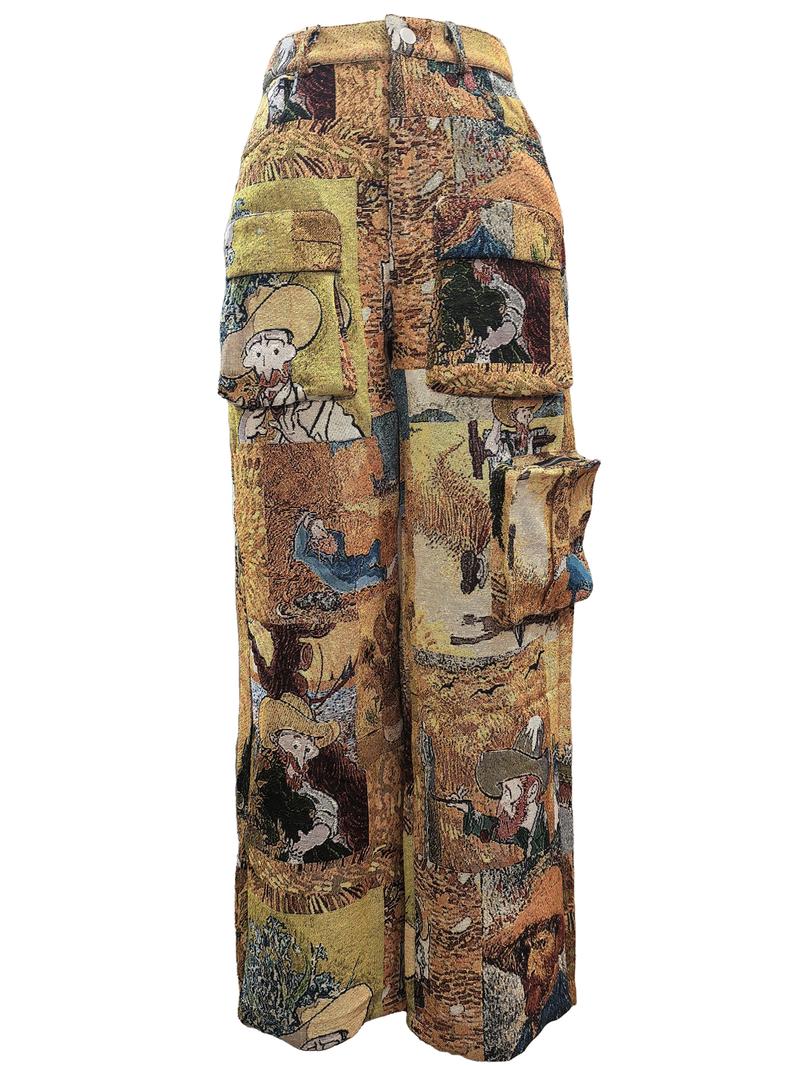 Women's Patchwork Art Print Pocket Cargo Pants, Casual Street Trousers for Daily Wear, Ladies Bottoms for All Seasons, Baggy Pants