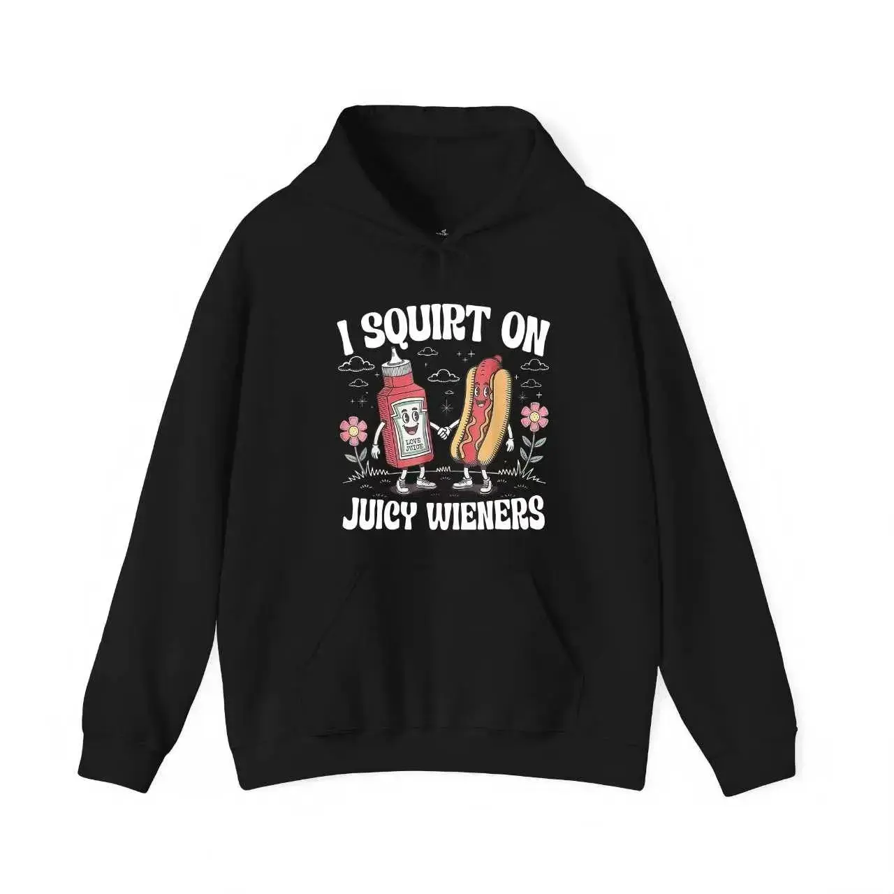 Juicy Wieners Graphic T-Shirt, Funny Hot Dog and Ketchup Cartoon Tee, Humorous T-Shirt for Casual Wear, Gift for Food Lovers and Retro Humor Fans Garment Loose Tshirt Cotton