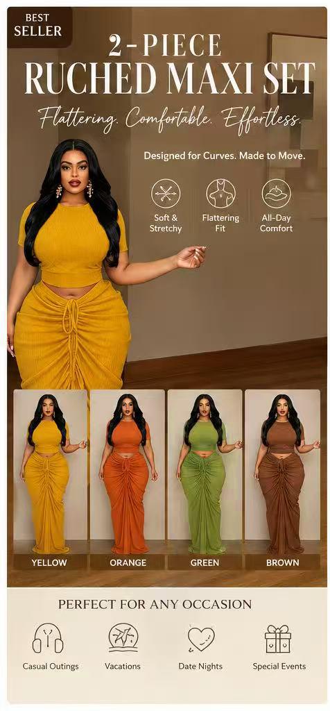 Plus Size Two-Piece Women's Set, Ribbed Short Top & Drawstring Pleated Skirt, Sexy Slim Fit Evening Party Dress, Curvy Friendly Fashion