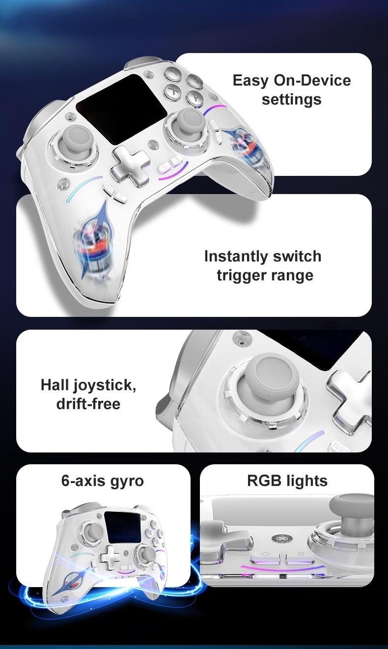 New Smart Large Screen Game Controller, Wireless Gaming Controller, Wireless Hall Effect Joysticks, Multi-Platform Dual Hall Sensor PC/switch/iOS/android/ps4, RGB Lights