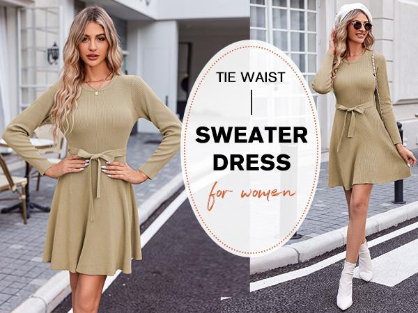 HOTOUCH Women's Long Sleeve Dress Crewneck Pullover Sweaters A-Line Casual Swing Dress Bodycon Dress with Belt Fall&Winter New Arrivals