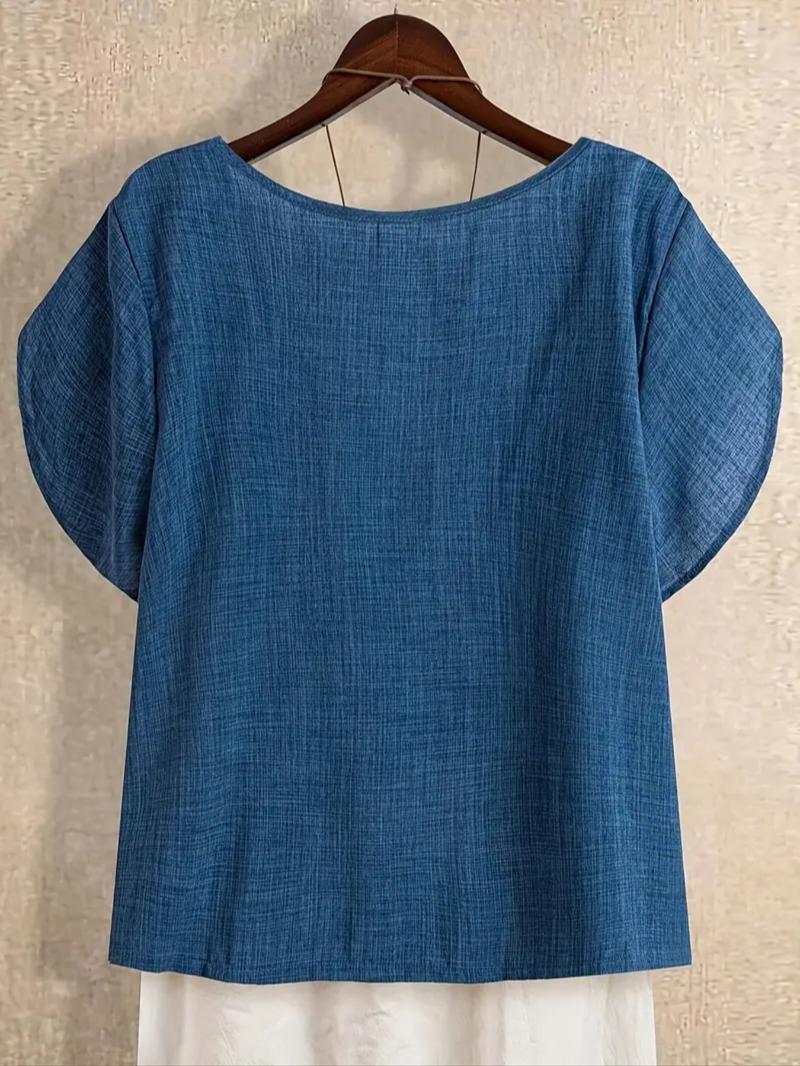 Elegant Asymmetrical Neckline Shirt Set for Women, Lightweight Short Sleeve Petal Design, Breathable Solid Color Top, Casual Elegance