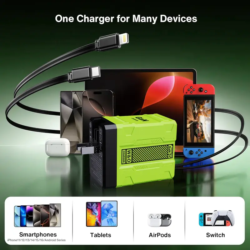 [Buy 1 Get 1 Free Product] 120W GaN Aluminum Super Fast Charger - 2-in-1 Retractable Foldable Mobile Wall Plug, Dual Ports, Type C/Lightning, Compact Travel-Friendly Safe Phone Accessories, Charger for iPhone, Tech Deals Gift