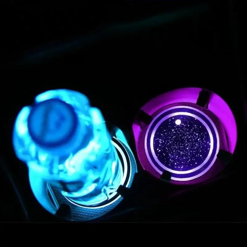 LED Cup Holder Light USB Rechargeable, 7 Color Changing Glow Interior Car Accessory, Non-Slip Cup Tray Ambient Lamp, Teenage Car Parts