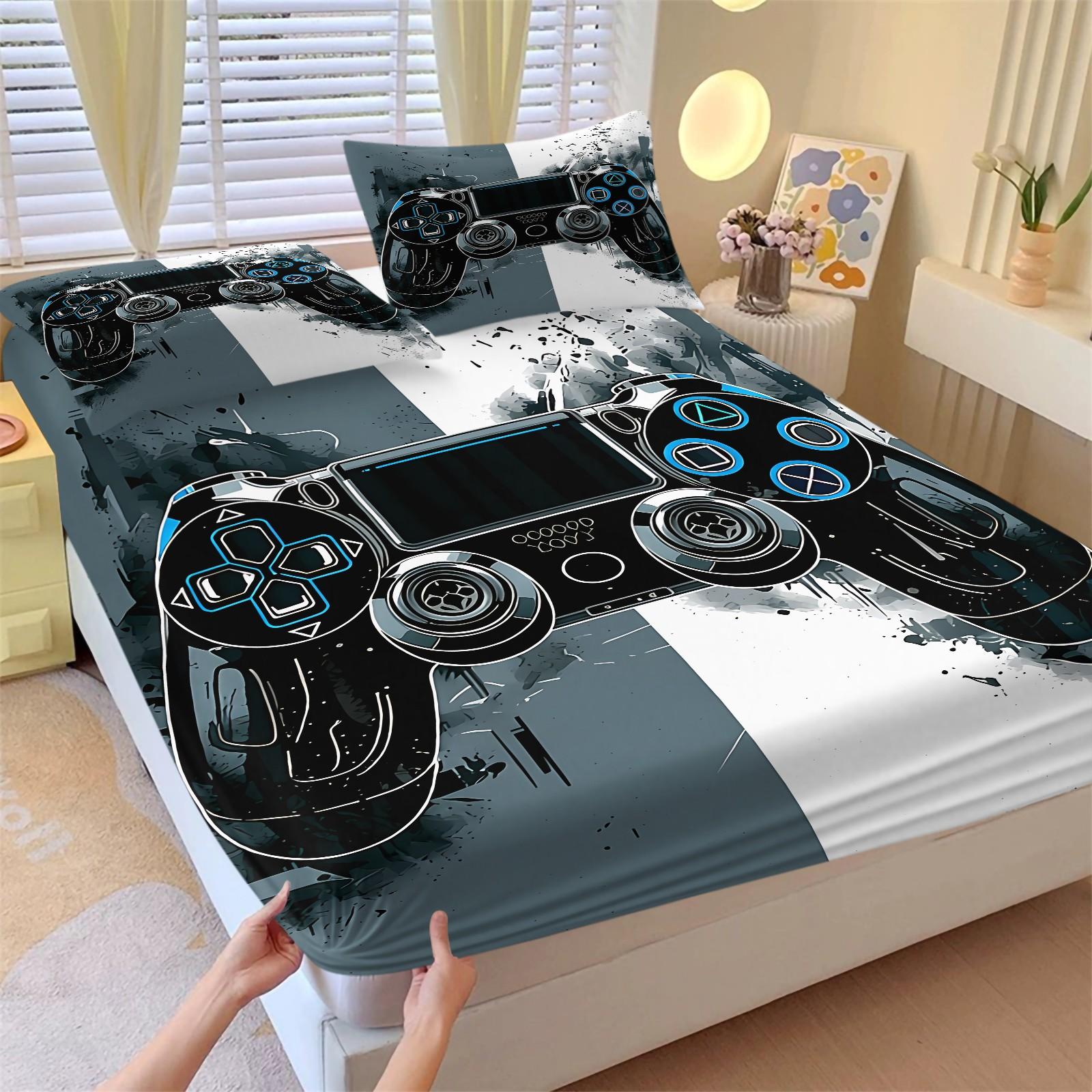 3pcs Gaming Controller Fitted Sheet Set, Video Game Console Bed Sheet Set, Soft Microfiber Bedding Set (No Fillers), Cool Gamer Room Mattress Cover for Boys & Teens Bedroom