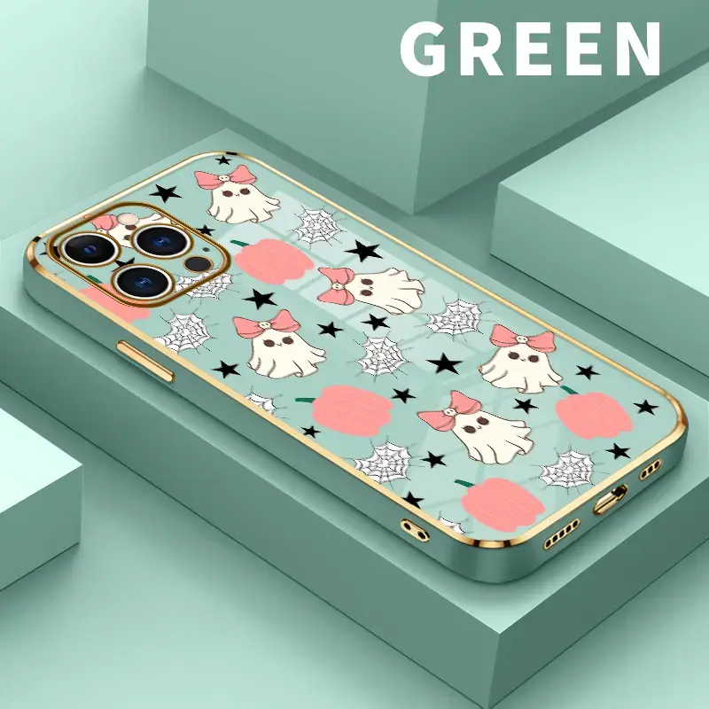 Multi-Model Shock-Absorbing Smartphone Case for  15 Pro Max,16,14 Plus,13,12,11,X,XS Max,XR - Ghost Pattern Design, Luxury Golden Edge, Electroplated Flexible TPU (Feels Comfy in Hand), Camera Lens Protection, Gift-Worthy Mobile Phone Accessories