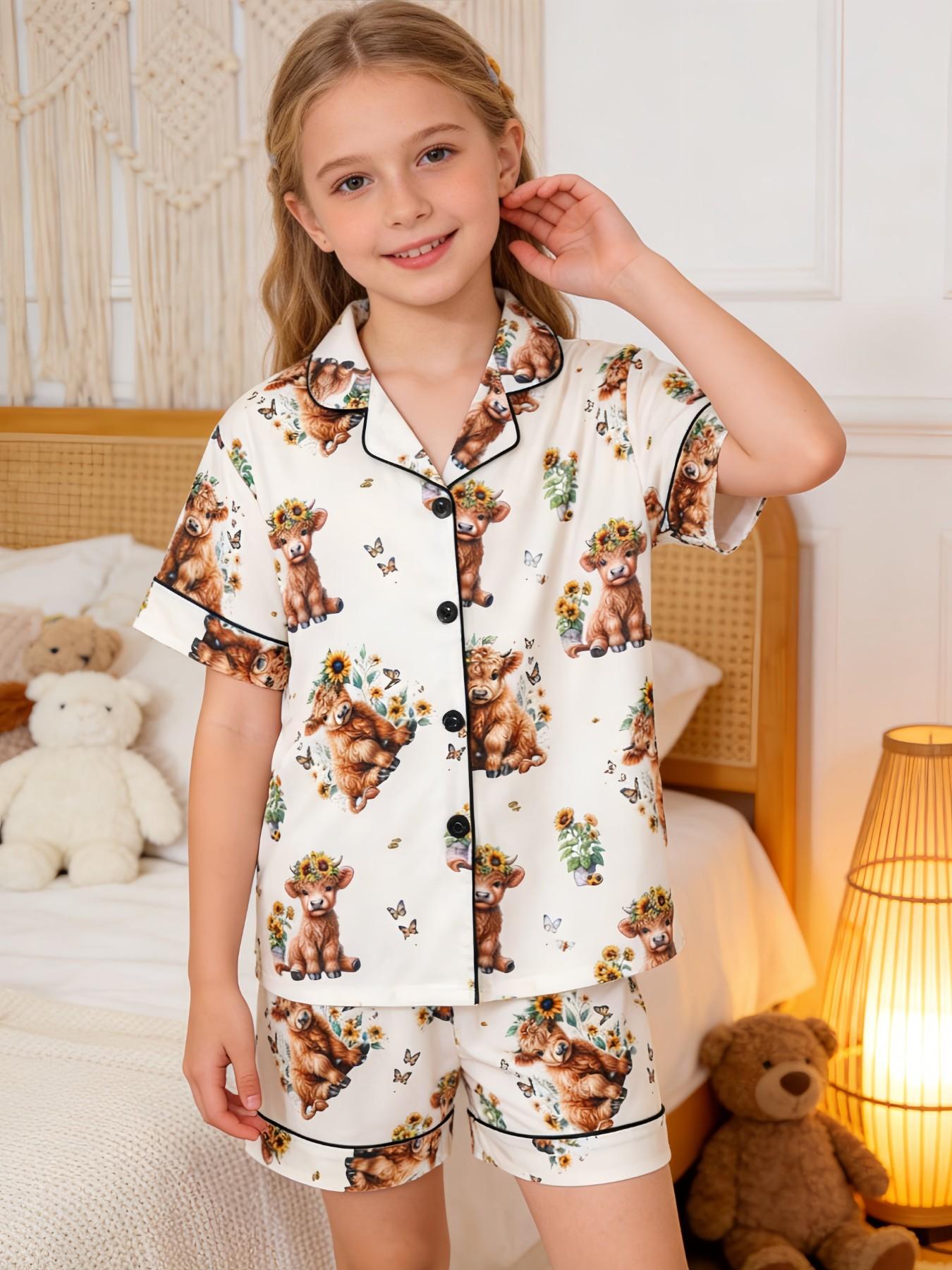 2-Piece Kids' Fire-Resistant Pajama Set, Short Sleeve Button Front, Cartoon Pattern, All Seasons, Casual Loose-Fit, Boys & Girls