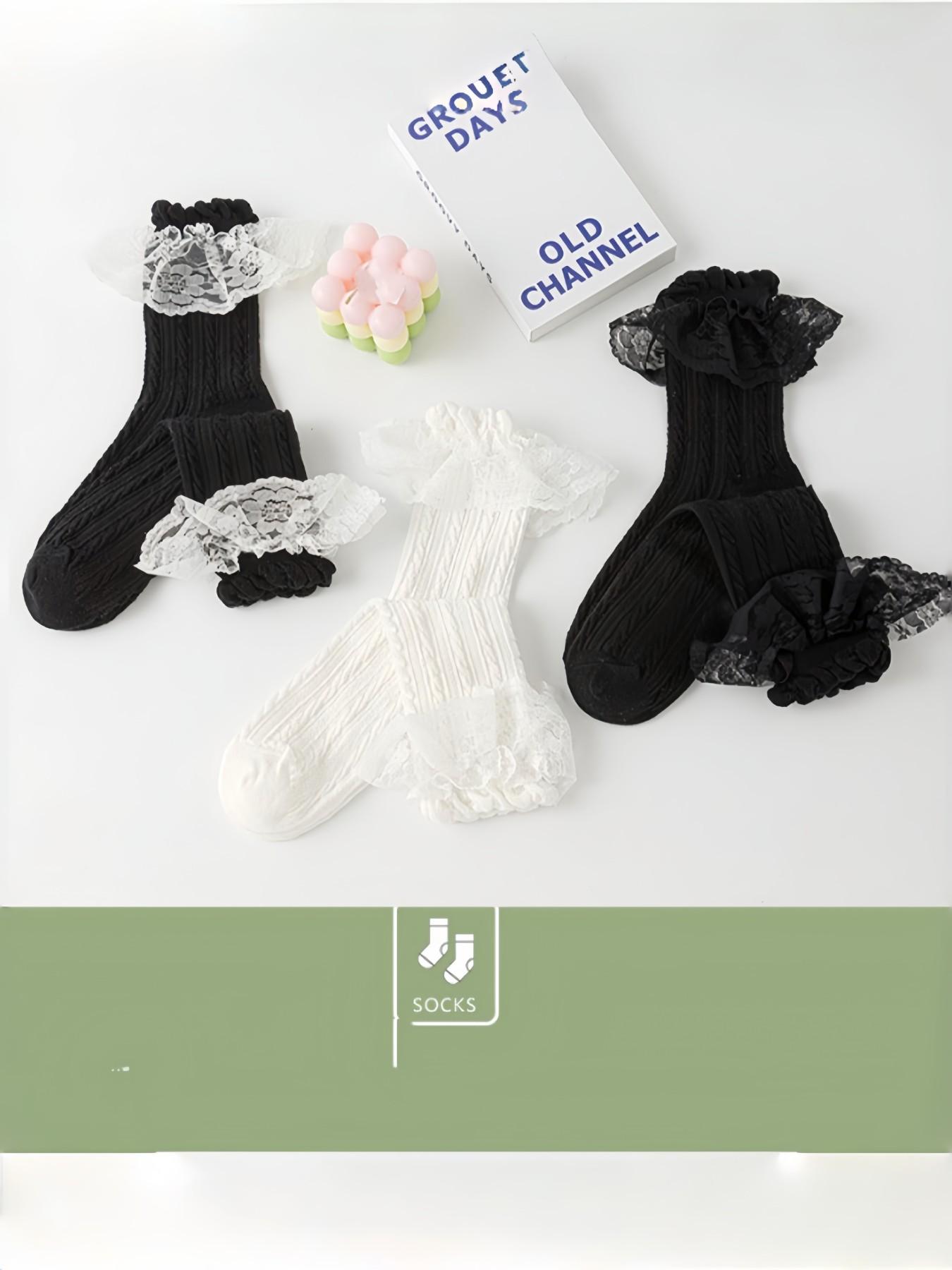 Lolita Lace Trim Socks for Women, Japanese Style Mesh Breathable Mid-Calf Socks, Perfect with Mary Jane Shoes