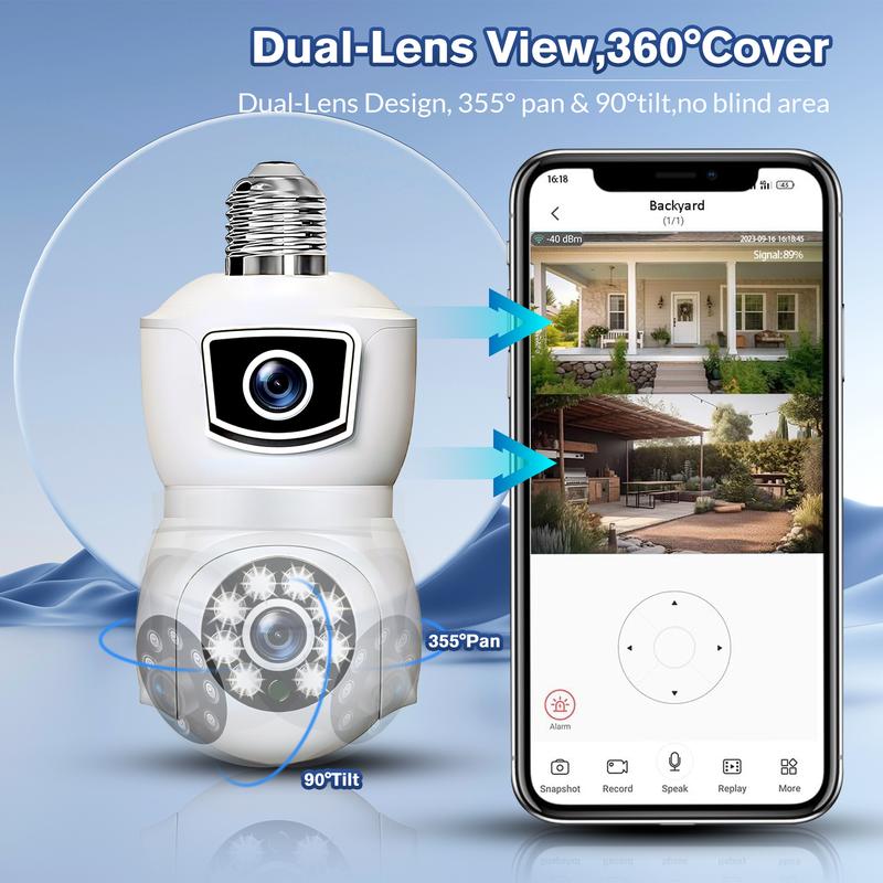 Dual Lens HD 1080P E9 Bulb Camera Full Color CCTV PTZ Home Wireless 360 degree Security HD Wireless Camera Monitoring,Night Vision Two-Way Audio waterproof