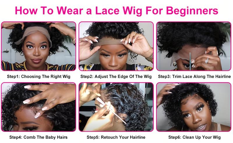 13X1 Curly Lace Front Wig 6 Inch Curly Lace Front Human Hair Wigs - Customized Ginger Blonde Wine red Colored Short Pixie Cut Water Wave Dark Rooted To Ginger Orange Color - 13x1 Transparent Lace Frontal Wigs For Women