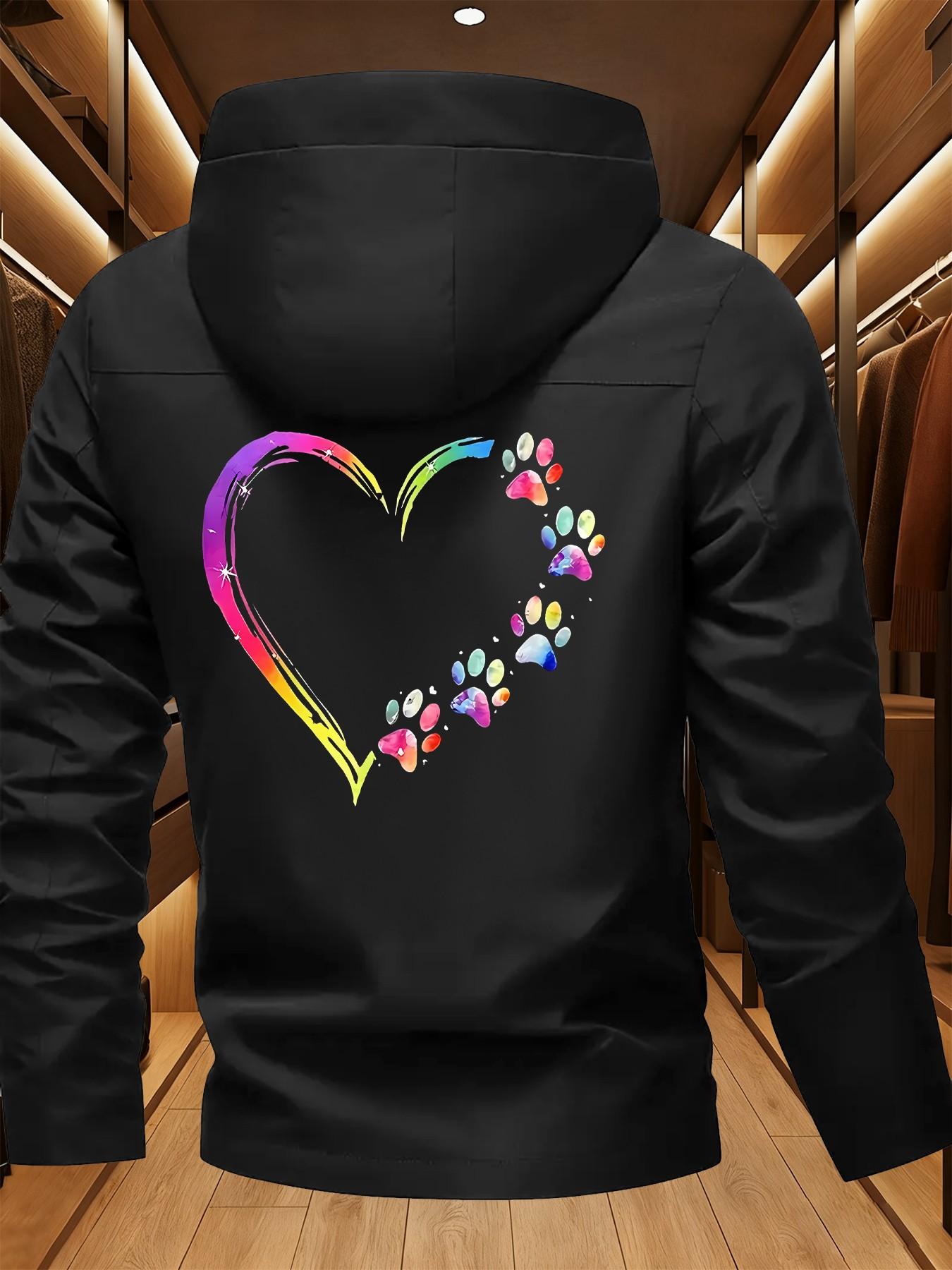 Rainbow Paw Print Heart Jacket, Pet Style Hooded Jacket, Watercolor Heart Paw Print Top, Casual Long Sleeve Windbreaker for All Seasons