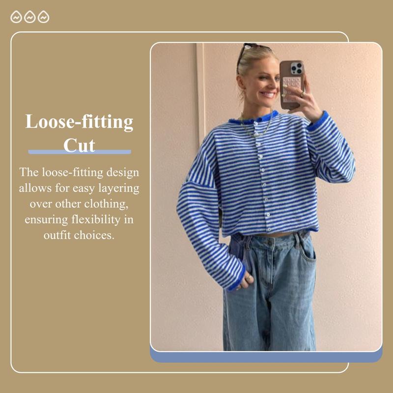 Women's Striped Cardigan, Casual Long Sleeve Knitwear for Fall & Winter, Women's Fashion Knit Clothing for Daily Wear