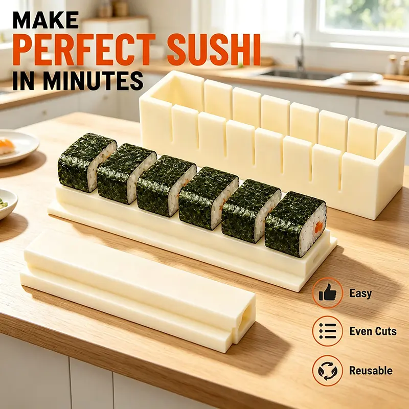 Sushi Making Kit with Cutter Mold, DIY Sushi Maker Tool for Perfect Even Rolls, Easy Homemade Sushi Kitchen Gadget