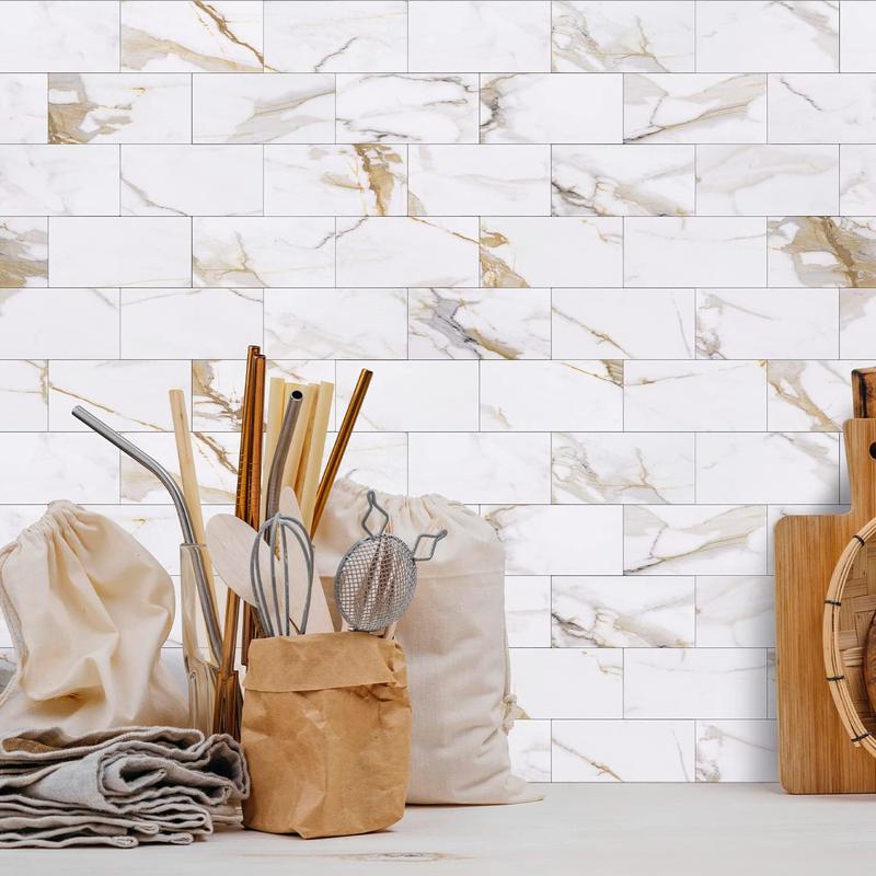 STICKGOO 100Pcs Peel and Stick Backsplash, 3" x 6" PVC Wall Tile, Stick on Backsplash for Kitchen/Bathroom/Fireplace - Calacatta Gold Decor Decorative