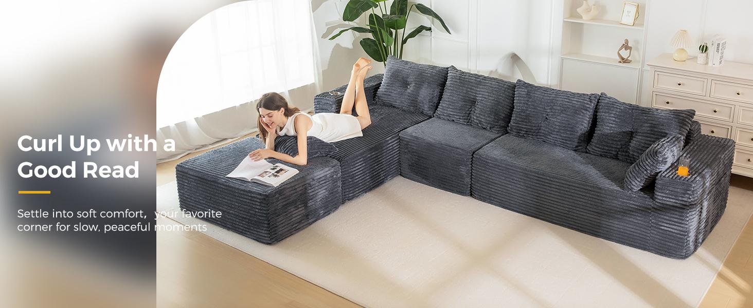 [3 Packs Shipped] MAXYOYO 131.6" Large U-Shaped Sectional Sofa,  Modern Boneless Couch for Living Room, Sofa in A Box, Oversized Sofa Sleeper with Deep Seat, Convertible Corduroy Sectional Sofa, No Assembly Required
