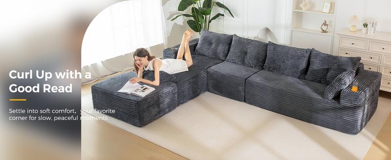 [3 Packs Shipped] MAXYOYO 131.6" Large U-Shaped Sectional Sofa,  Modern Boneless Couch for Living Room, Sofa in A Box, Oversized Sofa Sleeper with Deep Seat, Convertible Corduroy Sectional Sofa, No Assembly Required