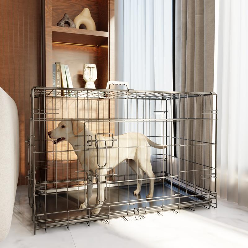 【TikTokShopfalldealsforyou】Foldable Metal Dog Crate with Divider and Leak-Proof Tray, Double Door Wire Kennel for Medium to Large Dogs, Indoor Outdoor Travel Use, 30/36/42/48 Inch