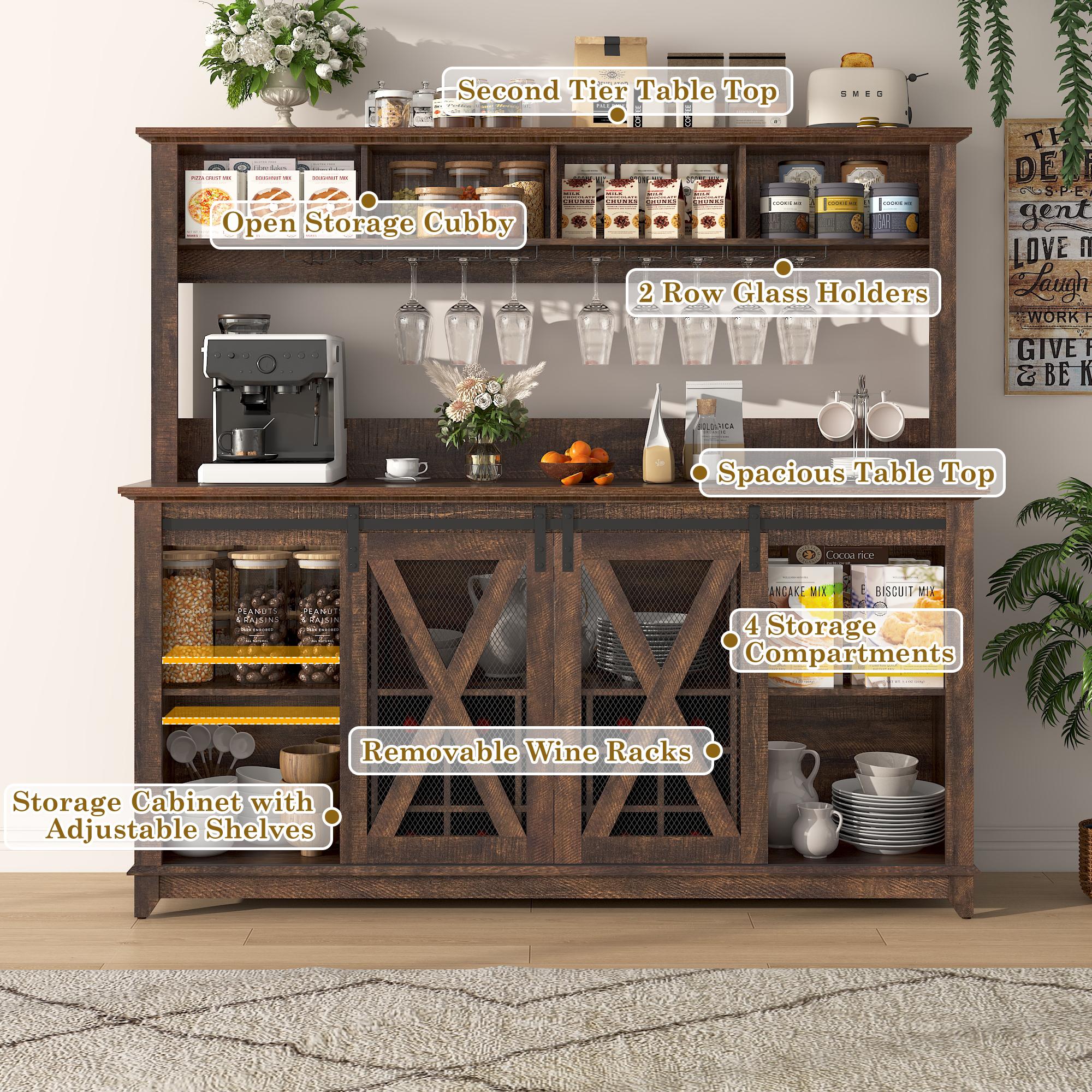 63"W/47"W/31.5"W Farmhouse Coffee Bar Cabinet with LED Light,Wine Bar Cabinet w/ Tier Storage Hutch,Kitchen Buffet Cabinet w/Sliding Barn Door & Wine and Glass Racks for Kitchen Dining Room(Brown/Antique White/Dark Rustic Oak)