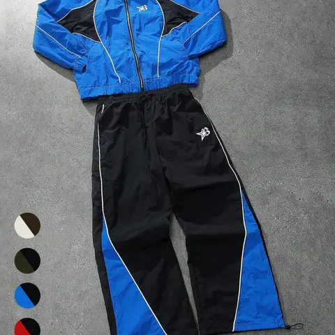 Men's Vintage Style Jumpsuit Set, Stand Collar Jacket and Pants, Blue and Patchwork, Casual Street Fashion Sporty Sportswear for Outdoor Activities, Athleisure Wear Set