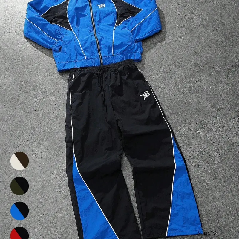 Men's Vintage Style Jumpsuit Set, Stand Collar Jacket and Pants, Blue and Patchwork, Casual Street Fashion Sporty Sportswear for Outdoor Activities, Athleisure Wear Set