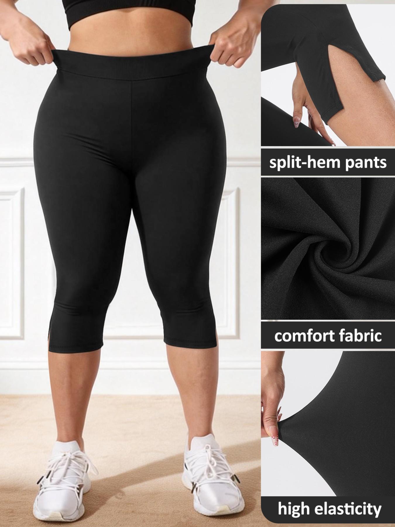 Women's Plus Size High Waist Seven-Quarter Pants, Split Thigh Design, High Elasticity Abdominal Control Tight Fit, Soft Comfortable Fabric, Gym Workout Leggings