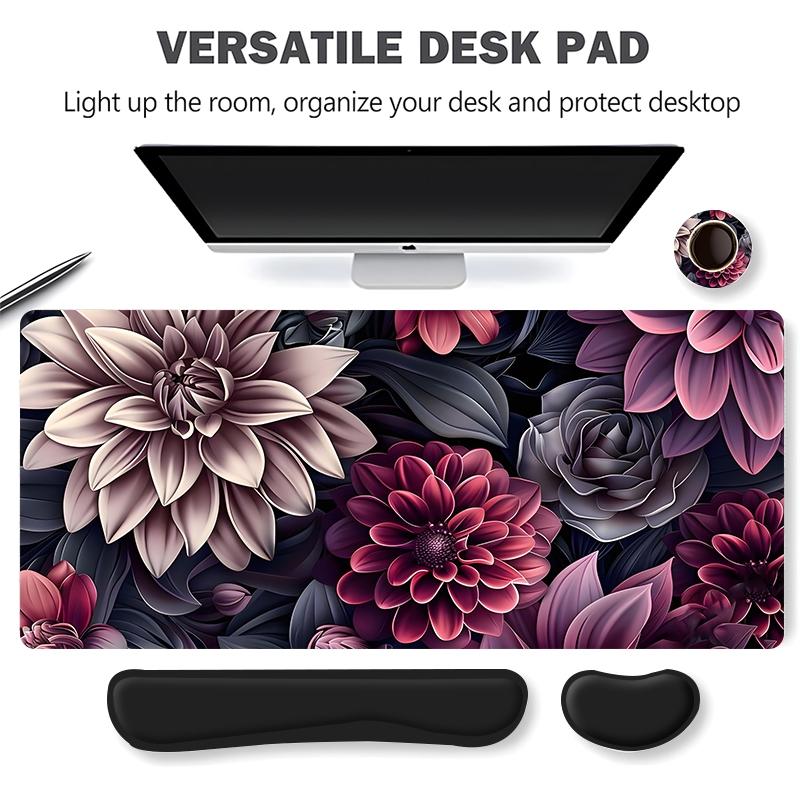 4pcs Dark Toned Floral Design Mouse Pad + Keyboard Wrist Rest + Ergonomic Mouse Pad + Coaster Set For Desktop Decoration, Desktop Accessory, Office Accessories Set Ergonomic Wrist Support, Computer Mat Mouse Pad Coaster Mousepad For Home Office Gaming