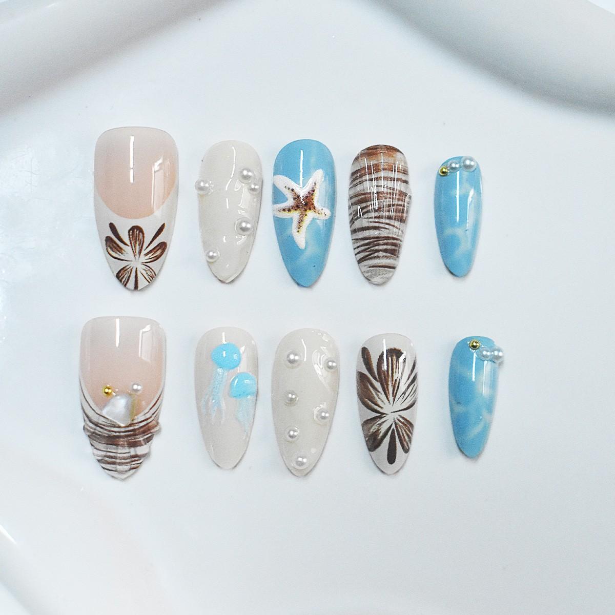 10 Pcs 3D Ocean Shell Starfish Almond Nails, Blue Wave Pattern with Natural Pearl Accents, Glossy Fake Nails for All Women, Party, Vacation, Daily Wear