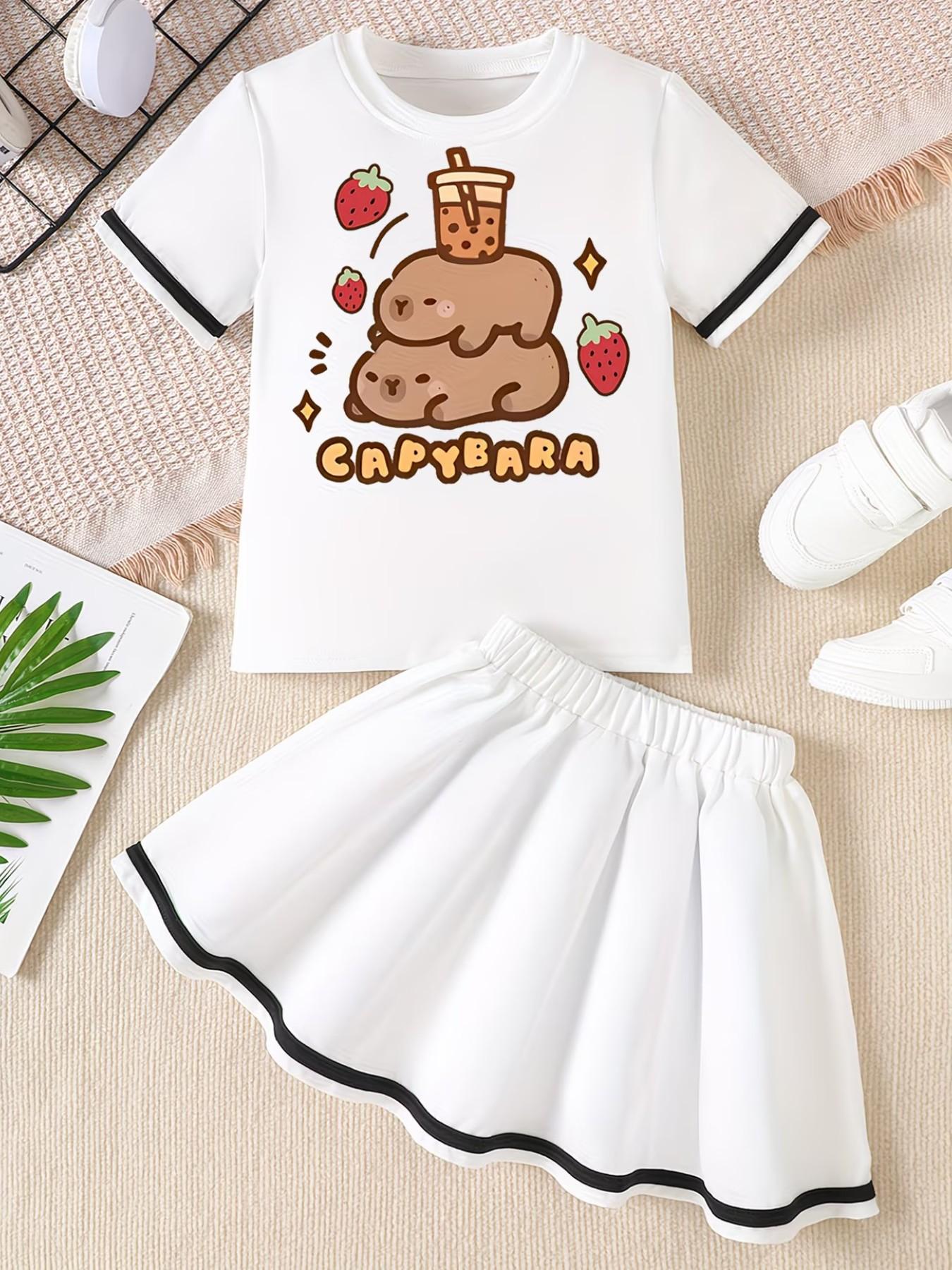 Girls' 3D Cartoon Capybara Print Top and Skirt Set, Summer Casual Two-Piece, Round Neck Short Sleeve, Daily Wear