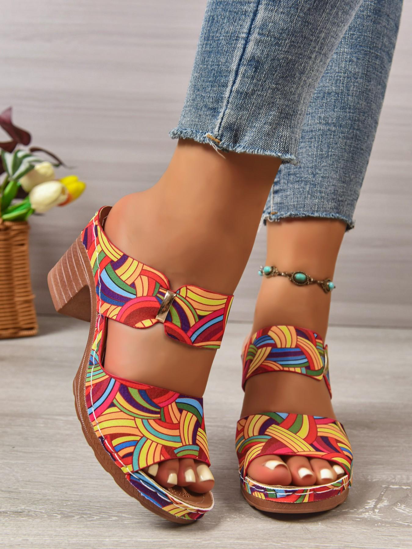 Boho Style Thick Heel Sandals, Colorful Print Flip Flops, Perfect for Vacation, Comfortable and Stylish Footwear