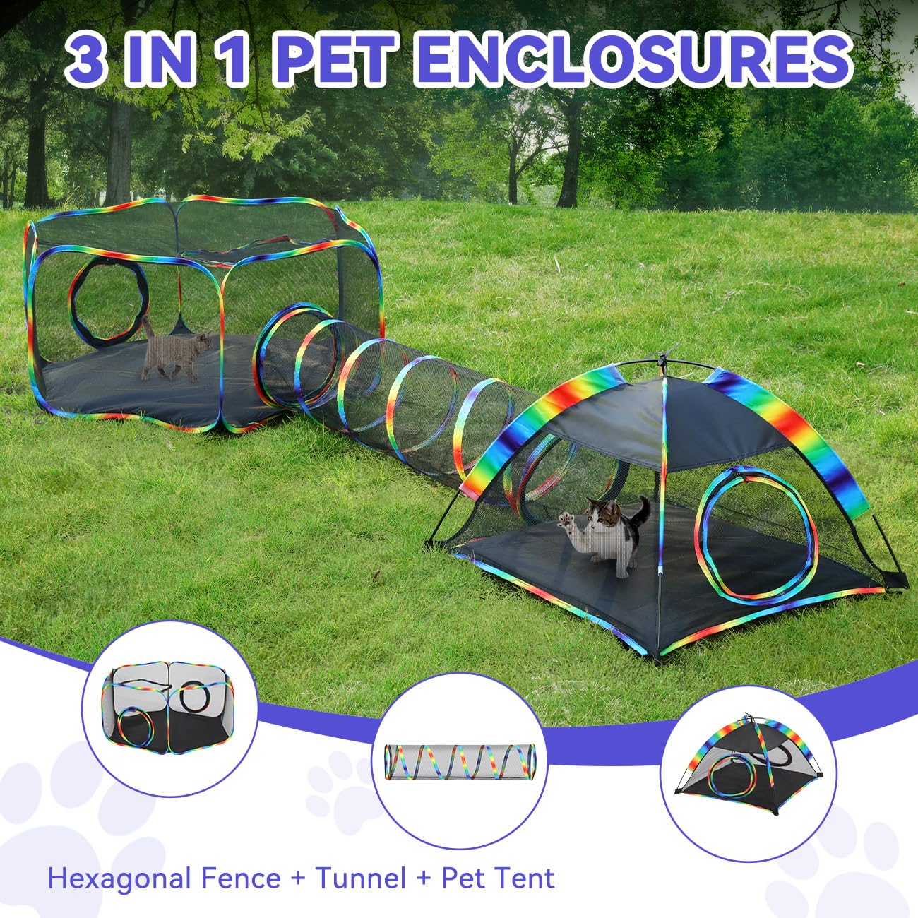 Pawaboo Outdoor Cat Enclosures for Cats Indoor, Patio Portable Mesh Cat Tent, Tunnel, Playhouse with Free Carry Bag & Metal Rod for Multiple Small Animals, Includes Cat Playpen+2 Tent+ Tunnel,Rainbow