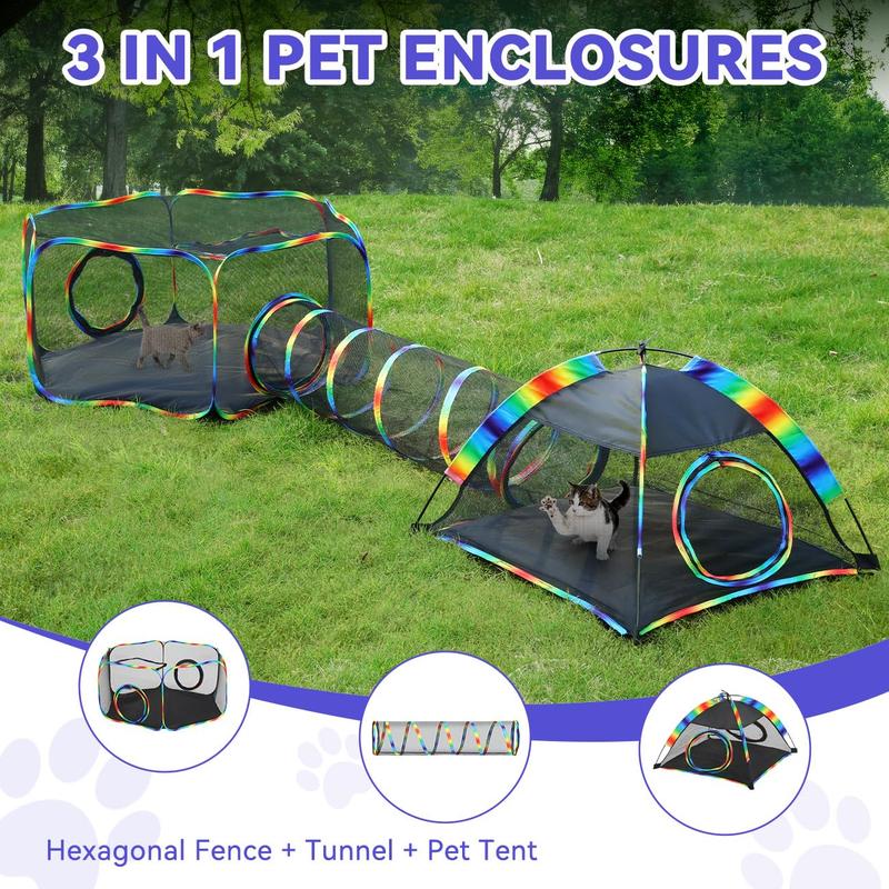 Pawaboo Outdoor Cat Enclosures for Cats Indoor, Patio Portable Mesh Cat Tent, Tunnel, Playhouse with Free Carry Bag & Metal Rod for Multiple Small Animals, Includes Cat Playpen+2 Tent+ Tunnel,Rainbow