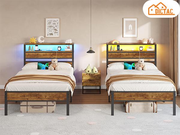 Hasuit Twin Bed Frame with Headboard Storage Shelves, LED Bed Frame Twin Size with Charging Station, Metal Platform Bed with Heavy Duty Slats, Fast Assembly, No Box Spring Needed, Noise Free Twin Full Queen Three Sizes