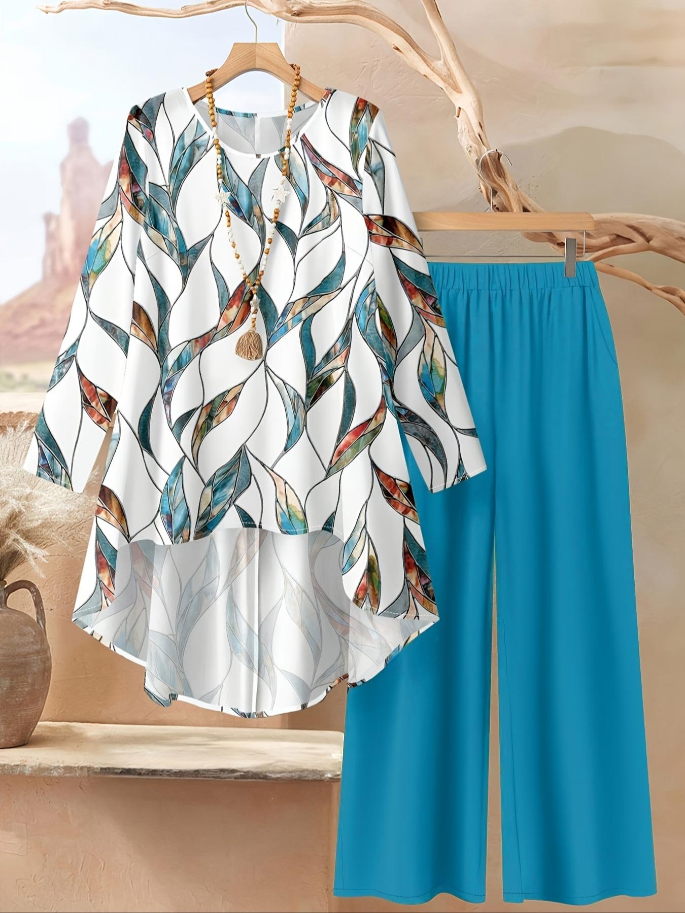 Women's round neck Fitted irregular print Woven long-sleeved top and elastic waist solid color wide-leg pants two-piece set outfit, suitable for Beach, seaside vacations, lazy time, daily outings, holidays, home, casual wear